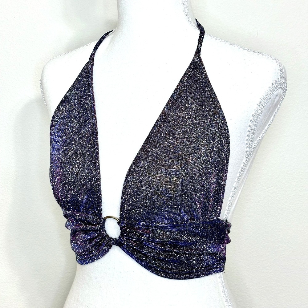 Cider Womens S Dark Purple Sparkly Halter Crop Top O Ring Tie Back